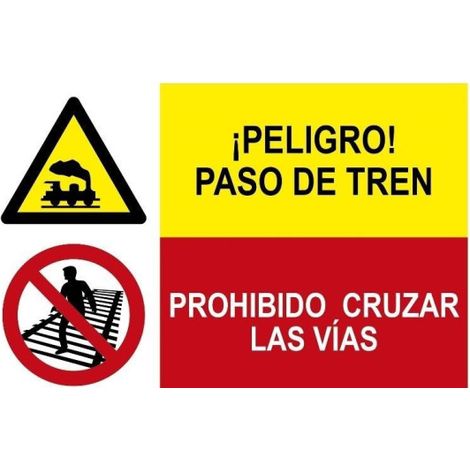 Señal combinada Peligro paso de tren Prohibido cruzar las vías SEKURECO                 Adhesivo vinilo