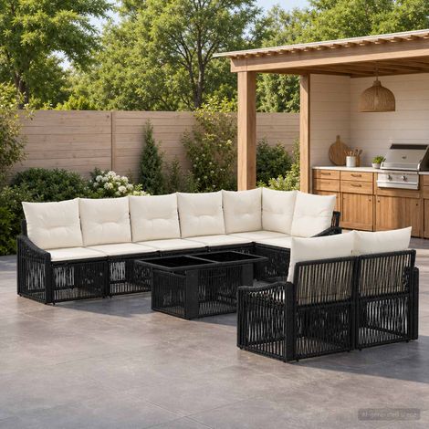 vidaXL Set Divano da Giardino 9 pz Nero e Bianco Crema polyrattan (1/5)