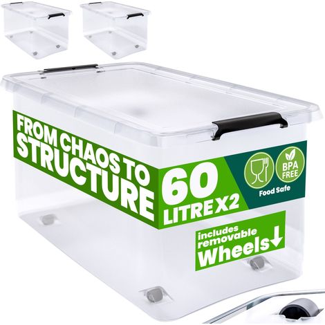 DEUBA® 30/60 Litre Plastic Rolling Storage Boxes w/Lid Stackable Clear BPA-Free  2x 60L (de)
