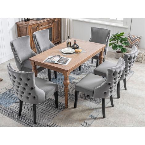 Lot de 6 chaises Velours - Chaise de salle à manger, avec piqûre de bouton, structure en bois massif -gris (1/5)