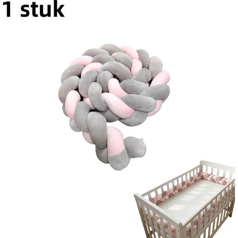 pièce - Tour de lit bébé - Tricoté à la main - Pompons longs noués - Tresse à trois brins - Rembourrage doux - Blanc + rose + rose poudré - 150 cm (1/5)