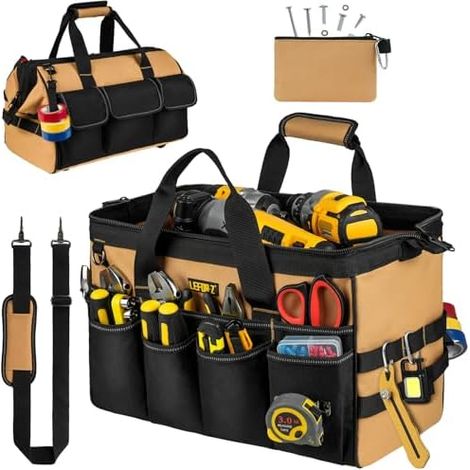 Sacoche Outils,Sac Outils vide,27 Poches Grand Ouverture Robuste Sac à Outils,Organiseur de Rangement,étui Transport pour Papa,Homme,Mécanicien,électricien,Jardinage,Noir Marron(Sac Uniquement) Noir (1/5)