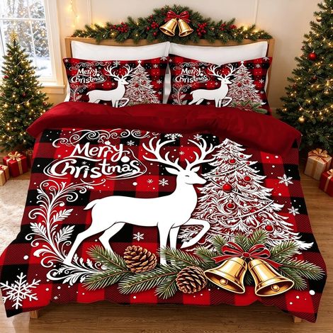Housse De Couette Noël 135x200,Père Noel Et Bonhomme De Neige Motif Parure De Lit Noel,avec 2 Housses De Coussin,Cadeau De Noël pour Les Enfants Adolescents (Kariert-A, 220x240cm) - 220x240cm (1/5)