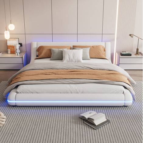 Cama matrimonio con LED PU 160x200 cm blanca OKMYHOME (1/5)