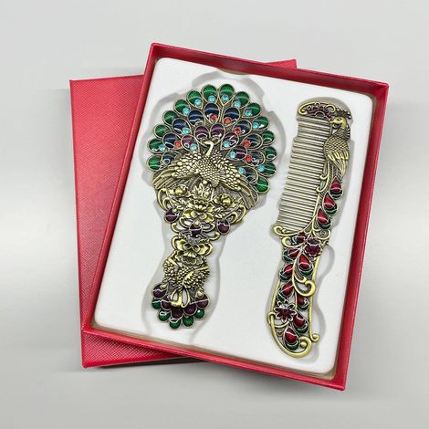 Specchio a mano - set di pettini unico - specchio a mano antico - specchio da trucco antico portatile a forma di pavone - specchio da toeletta in metallo - specchio cosmetico decorativo (1/2)