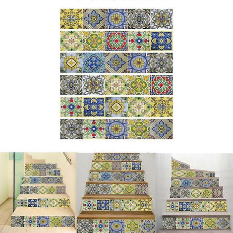 Lot de 6 stickers muraux décoratifs pour sols et escaliers, motif floral varié, en PVC imperméable, pour salle de bain ou cuisine. (1/4)