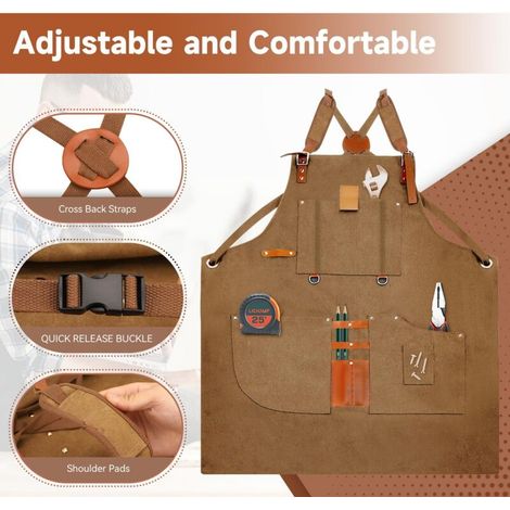 Delantal de soldador, 8 bolsillos, delantal de cocina, delantal para barbacoa para hombres y mujeres, tirantes cruzados ajustables para peluqueros/carpinteros. (1/3)