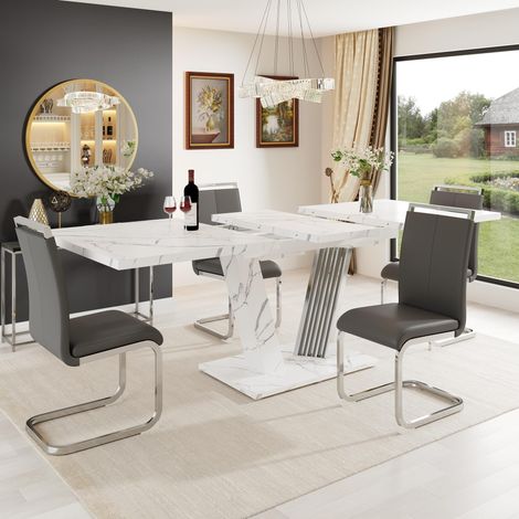 Ensemble table et chaises de salle à manger 5 pièces, table extensible 120-160 x 80 cm avec 4 chaises rembourrées en similicuir gris, pour 4 à 6 personnes (1/5)
