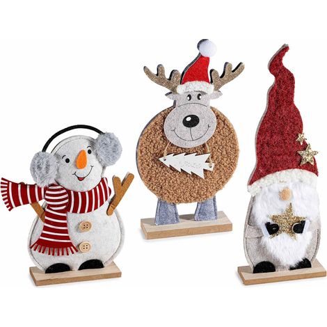 Personaggi natalizi decorativi in panno su base in legno, set da 3 pezzi, cm 13 x 5 x 36 H