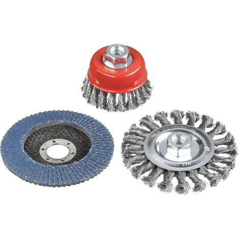 kwb 597510 Set di spazzole metalliche per smerigliatrice angolare con attacco M14 incl. mola da 115 mm K-80 per lavori di pulizia e molatura, (3 pezzi) (1/5)