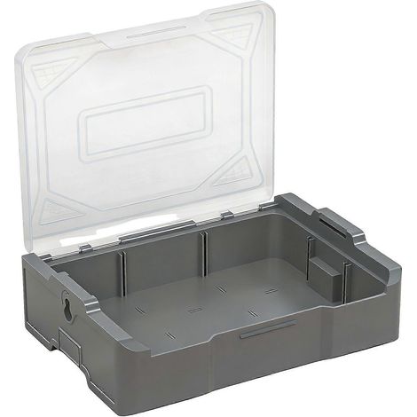 Boîte de rangement empilable avec couvercle, solution idéale pour les petits espaces et pour organiser vos petites pièces de quincaillerie. Contenant en plastique transparent gris. (1/4)