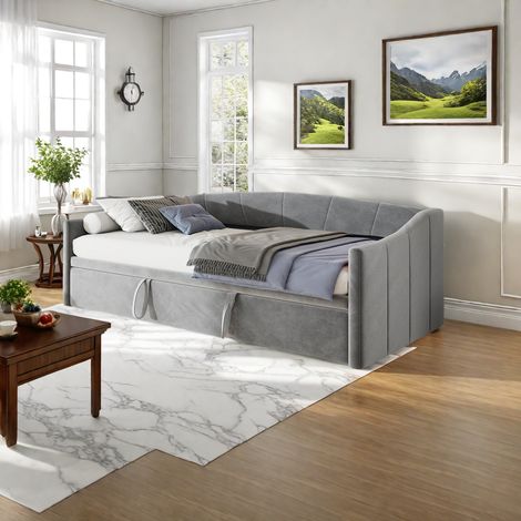 Sureh – Lit gigogne extensible 90/180 x 200 cm – Tissu velours doux – Cadre MDF avec sommier à lattes – Conception peu encombrante – Gris moderne (1/5)