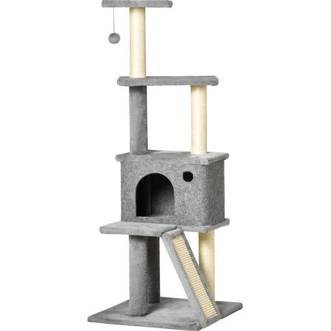 Arbre à chat multi-niveaux avec maisonnette, échelle, balle et poteaux en sisal, 48 x 48 x 125 cm, gris