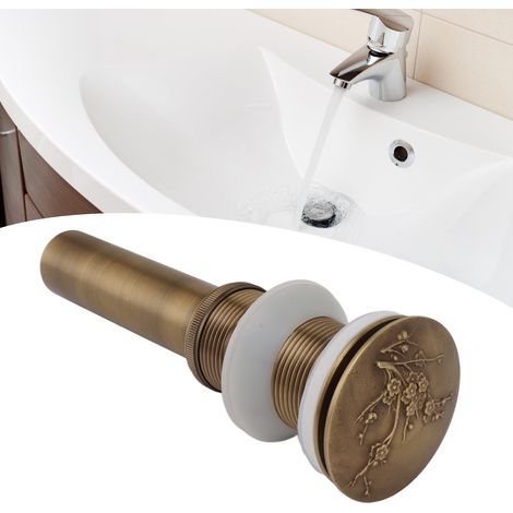 Bonde de lavabo ancienne entièrement en cuivre, avec orifice, bonde à ressort, sans orifice. (1/5)