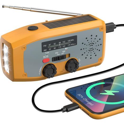 couleur orange，Portable Radio, Radio a Pile Survie, Dynamo AM/FM de Direction du Vent et de la météo, avec Batterie de 2000 mAh, d'urgence Solaire, avec Lampe de Poche LED, Alarme SOS, Peut Charger