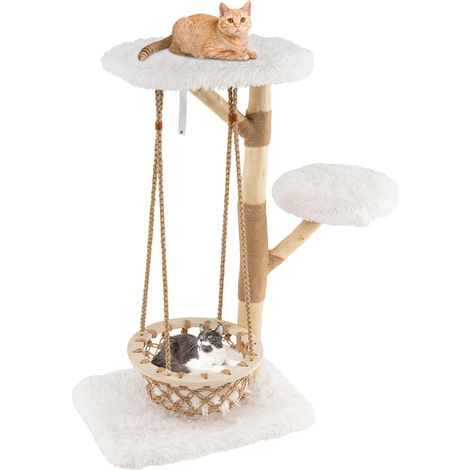 Costway – Arbre à chat XXL 123 cm – Bois de poirier – 3 plateformes – Balançoire hamac avec coussin amovible – Poteaux à griffer en jute