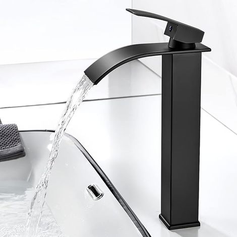 Rubinetto da bagno a cascata Kisimixer, miscelatore moderno nero per lavabo, miscelatore con beccuccio alto 232 mm, rubinetto quadrato in ottone, acqua calda e fredda disponibili, G 3/8 (1/5)