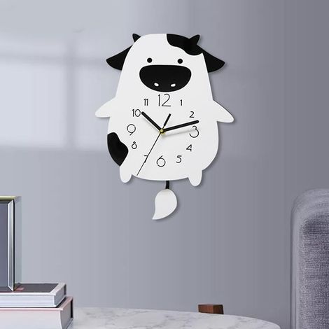 Reloj de pared acrílico con silueta de vaca de estilo caricaturesco, mecanismo oscilante silencioso, decorativo para salón, oficina o cocina, dimensiones 37 x 28 cm, pila AA incluida. (1/5)