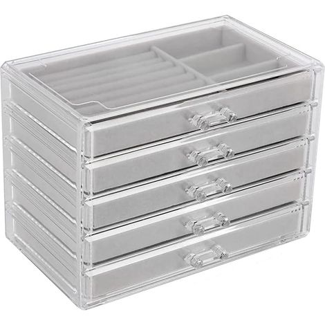 Jewelry Organizer with 5 Drawers, Clear Acrylic Jewelry Box, Stackable Gift Box, Velvet Earring Display (1/5)