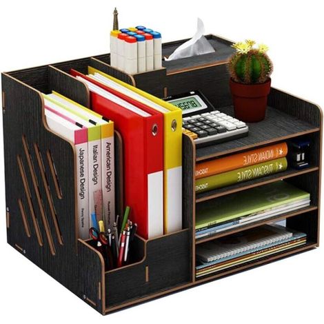 Bardusch-Organisateur bureau en bois noir, grande capacité pour fichiers, documents et fournitures (1/5)