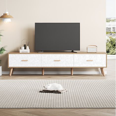 Mueble TV bajo 150 x 35 x 39 cm con 3 cajones, blanco y madera clara DESVIAE (1/5)