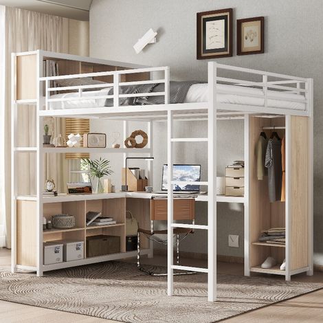 Hochbett 140x200 mit Schreibtisch und Kleiderschrank, stabiles Eisenbett mit doppelstöckigem Stauraum, 234x144x187 cm, Weiß und Natur (1/5)
