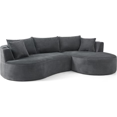 Divano 3 posti con chaise longue destra in velluto a coste grigio, portabicchieri e cuscini (1/5)