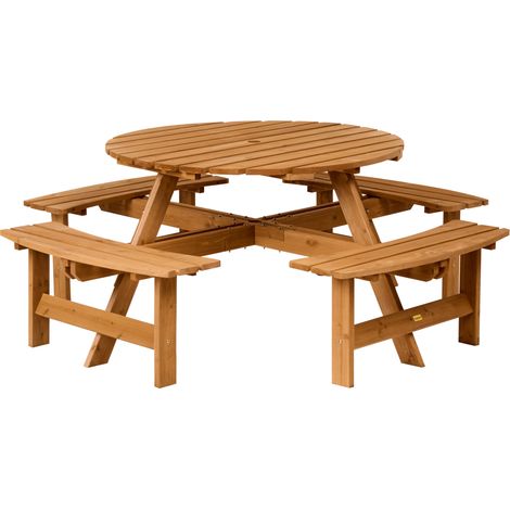 Mesa de comedor exterior para pícnic estilo rústico moderno de madera de abeto con bancos marrón claro Caparcotta (1/5)