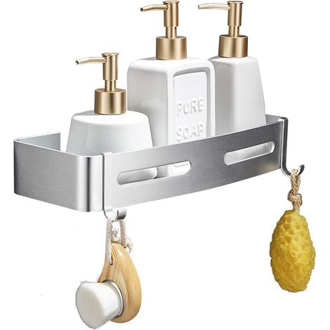 Serviteur de Douche Salle De Bain Douche Etagère sans Forage Murale Douche Étagère Aluminium Antirouille Accessoires Salle de Bains Rectangle Argentée (1/5)