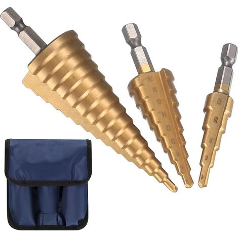 3 Pcs Foret Étagé, HSS Foret Etage avec Poinçon de Centre Automatique, Meche Etage Triangle Conique Coupeur de Trou de Peu de Foret de Cône Enduit pour Metal, Acier, Bois - 4mm-12/20/32mm (1/5)