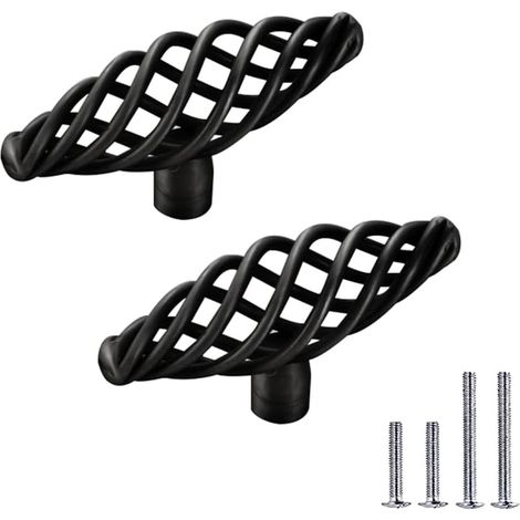 Lot de 4 boutons de meuble en forme de cage à oiseaux, style rétro, quincaillerie vintage en laiton pour tiroir, commode, armoire (75 mm, noir)