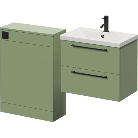 Napoli 390 Cento Olive Green 1200mm Wall Mounted 2 Drawer Vanity Unit and Toilet Suite with Glide Basin - 1200mm - Matt Black 320mm HandleWithout Kingston Toilet Pan