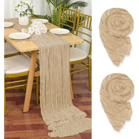 Lot de 2 chemins de table en gaze beige, 55x300 cm, pour mariage ou douche nuptiale. (1/5)