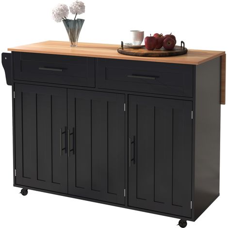 Desserte de salle à manger 129x46(71)x91,5 cm avec plateau rabattable,étagères intérieures dans les portes,îlot de cuisine sur 5 roulettes avec placards de rangement et 2 tiroirs,noir (1/5)