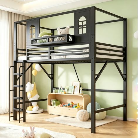 Cama alta infantil 90x200 cm de metal y MDF negra con estante, sin colchón – MEUBLIV (1/5)