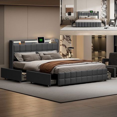 Cama 160x200 cm con LED y 4 cajones, cama Queen 160x200 cm con somier de lamas y carga USB, cama de adulto de tela de lino, gris