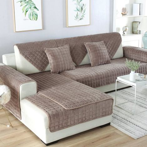 Fundas lavables de franela para cojines de sofá, Funda antideslizante para sofás de 1, 2 o 3 plazas, color beige/blanco, 90 x 180 cm (1/5)