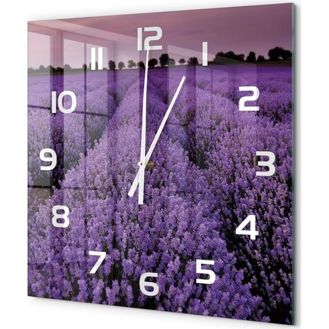 Grande Horloge Murale Carrée Silencieuse Sans Tic-Tac Verre Trempé Design Moderne Champ de lavande 60x60 cm (1/5)