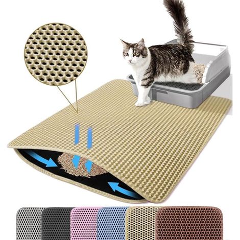 Tapis de litière pour chat, double couche, nid d'abeille, antidérapant, imperméable et anti-urine, accessoire pour chat, 4560 cm, beige (1/5)