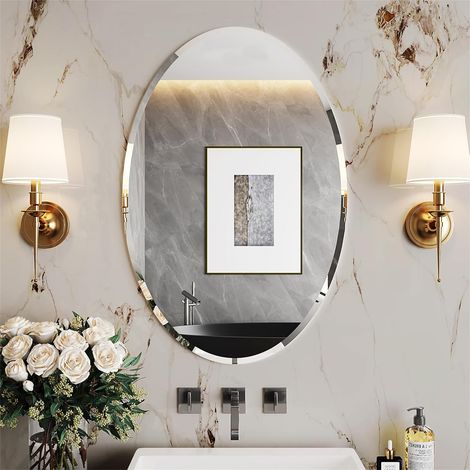 Espejo de Baño de Pared Biselado Decorativo sin Marco, Espejo Minimalista Ovalado de Vidrio Plateado para Comedor Salón Entrada Pasillo, 50x70 cm