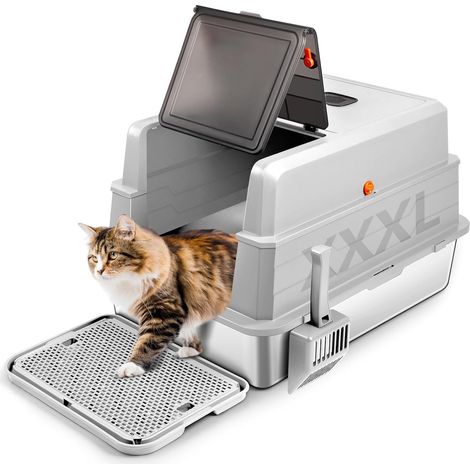 1 Bac à litière, Acier inoxydable, Couvercle rabattable 180°, Pelle et pédale, Contrôle des odeurs, Pour chats moyens et grands