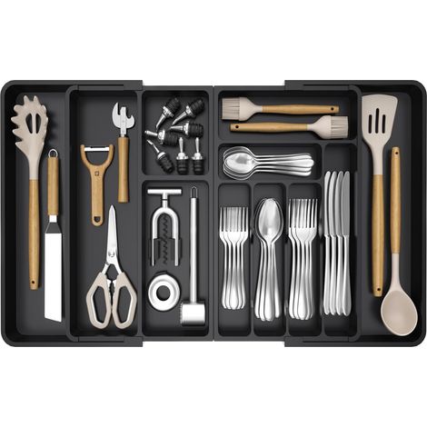 Organisateur de Tiroir Cuisine Extensible, Grand Rangement Couverts Plastique de 54,1 cm à 91,4 cm, Range Couverts pour Couteaux, Cuillères, Fourchettes, Noir (1/5)