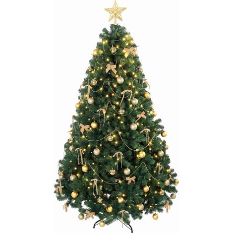 HOMCOM árbol de Navidad con 296 LED blanco cálido, 230 cm, 1405 ramas ignífugas, estrella, 42 bolas, 30 lazos y decoración dorada, verde (1/5)