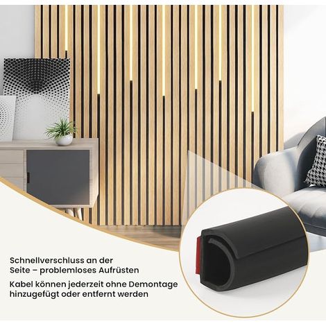 Goulotte de câble pour panneaux acoustiques - 3 m - 12 mm x 12 mm - Protection de câble autocollante - Ouverture latérale - Gestion des câbles pour studio, bureau, et bureau (1/2)