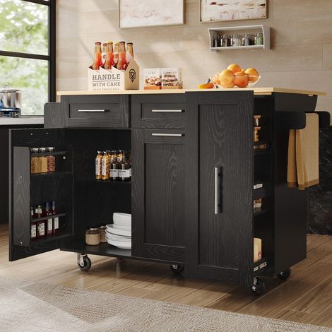 Desserte de cuisine multifonctionnelle avec rangement extensible, îlot moderne et chariot repas pratique, buffet salon avec étagères et armoire, noir pour cuisine et salle à manger (1/5)