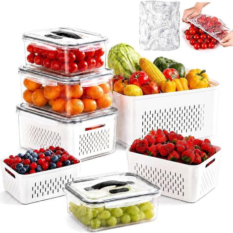 Boîtes de conservation fruits et légumes avec passoire amovible, lot de 4 empilables hermétiques, préservent la fraîcheur des aliments (1/5)