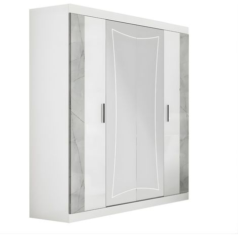 Armoire 4 portes avec 2 portes miroir centrales laqué blanc et imitation marbre - GENESIS (1/3)