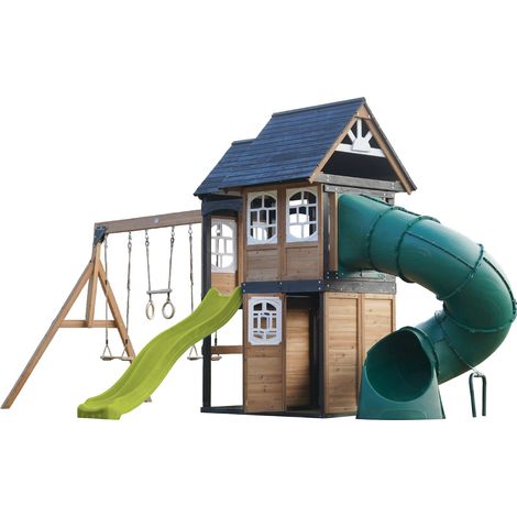 Axi Noud Aire De Jeux En Bois, 2 Balançoires, Toboggan Tubulaire Et Toboggan Vert Citron   Maisonnette Xxl Pour Enfants Avec Structure D'Escalade Et Trapèze  Pour Le Jardin