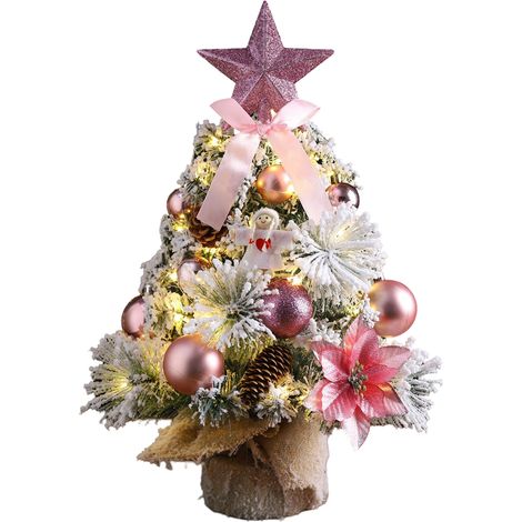 Sapin de Noël, décorations rouges et blanches avec pommes de pin, mini sapin de Noël enneigé avec lumières (1/5)