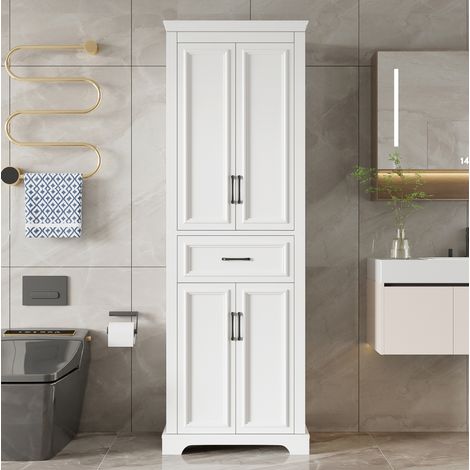 Armario alto de baño 60x40x180 cm blanco en MDF con estantes ajustables, cajón y puertas con cierre suave (1/5)